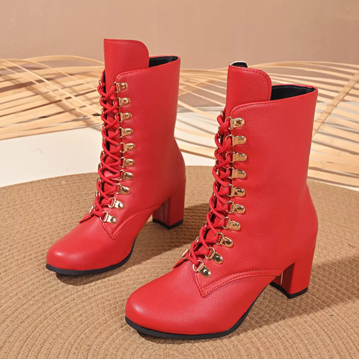 Lace-Up Boots with Block Heel - Girly Tea