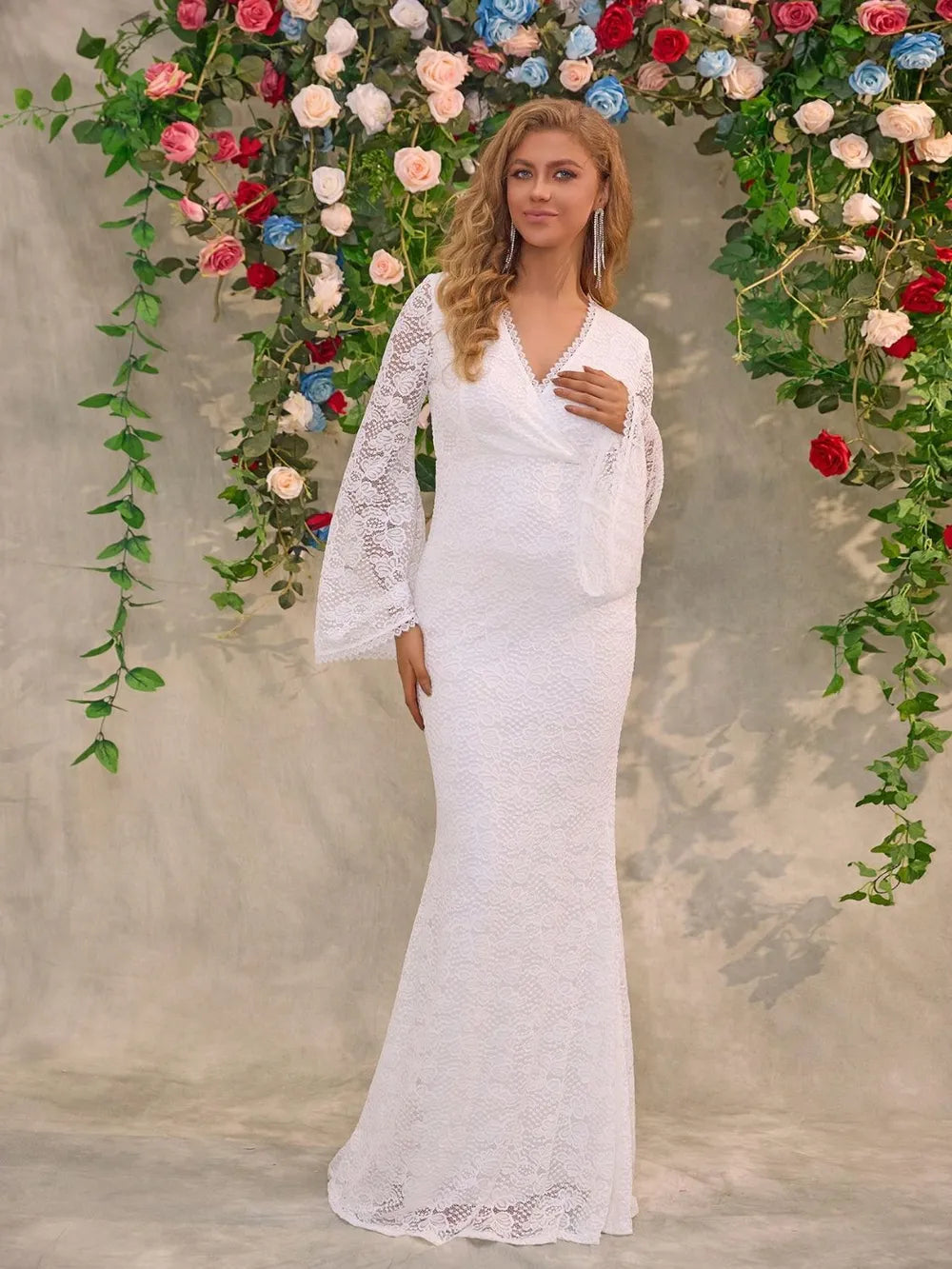 Lace Surplice Flare Sleeve Maxi Dress - Girly Tea