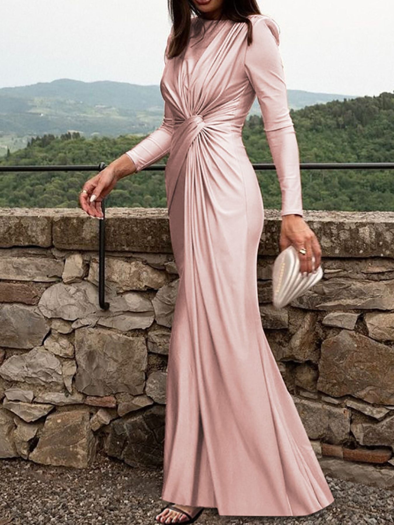 Ruched Knot Front Long Sleeve Maxi Dress - Girly Tea
