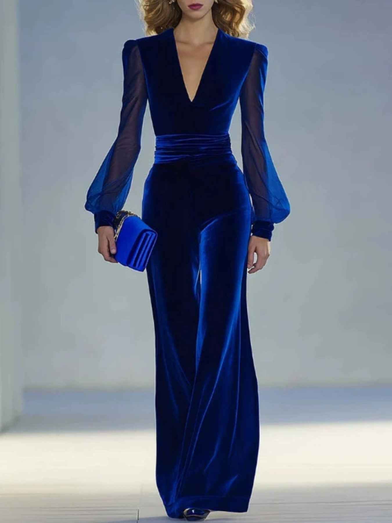Velvet Wide Leg Jumpsuit with Sheer Sleeves