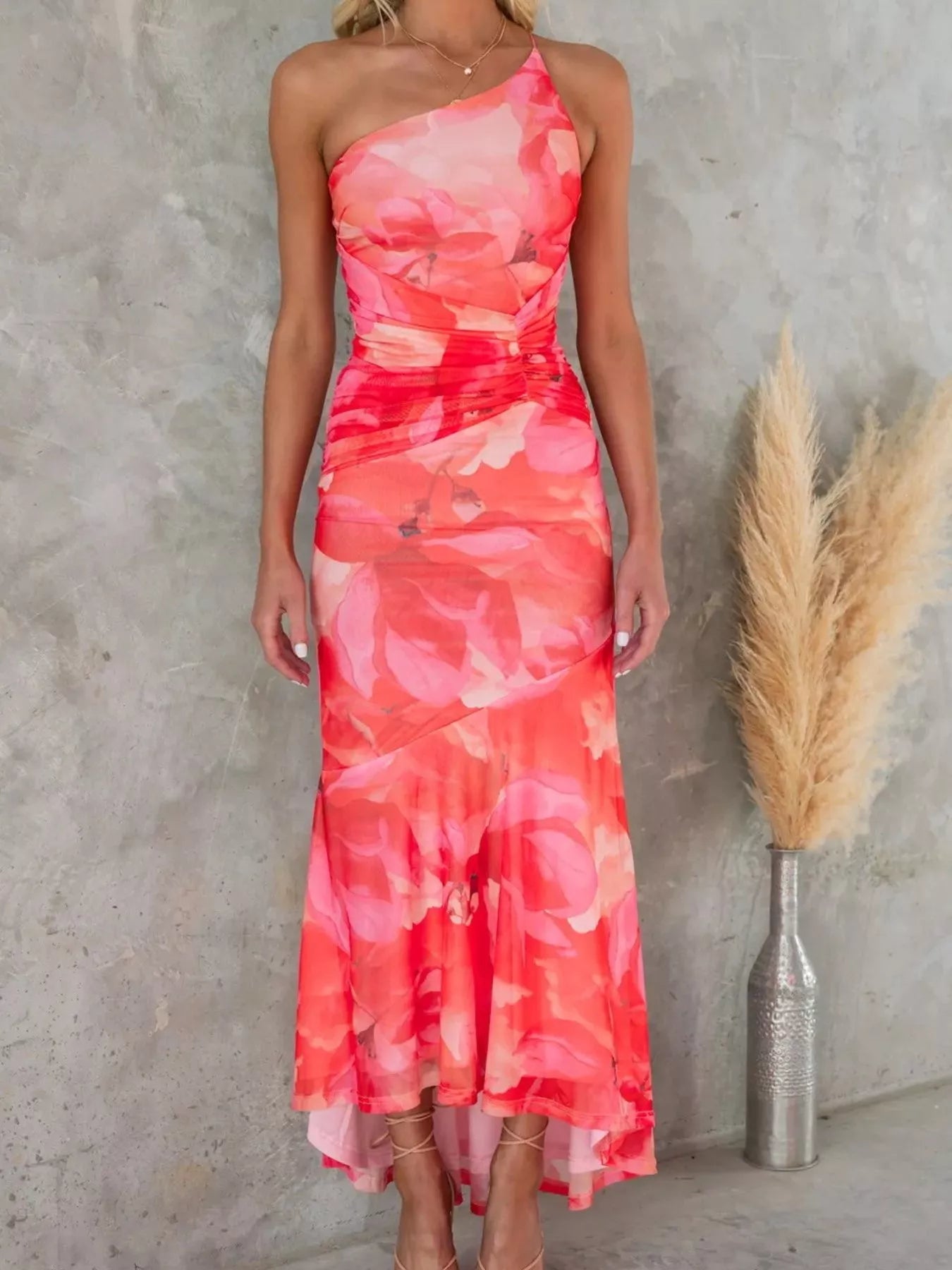Floral Print One-Shoulder Ruched Maxi Dress - Girly Tea