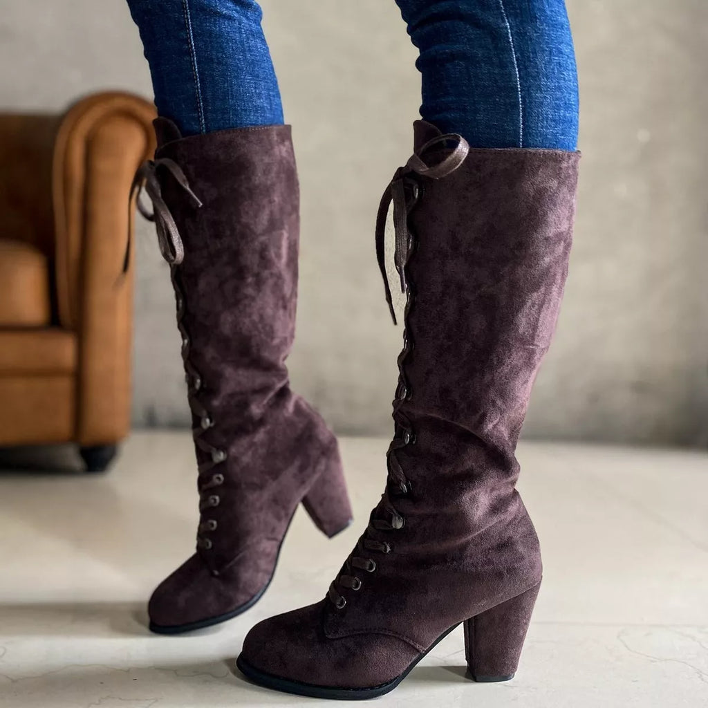 Lace Up Block Heels Boots - Girly Tea