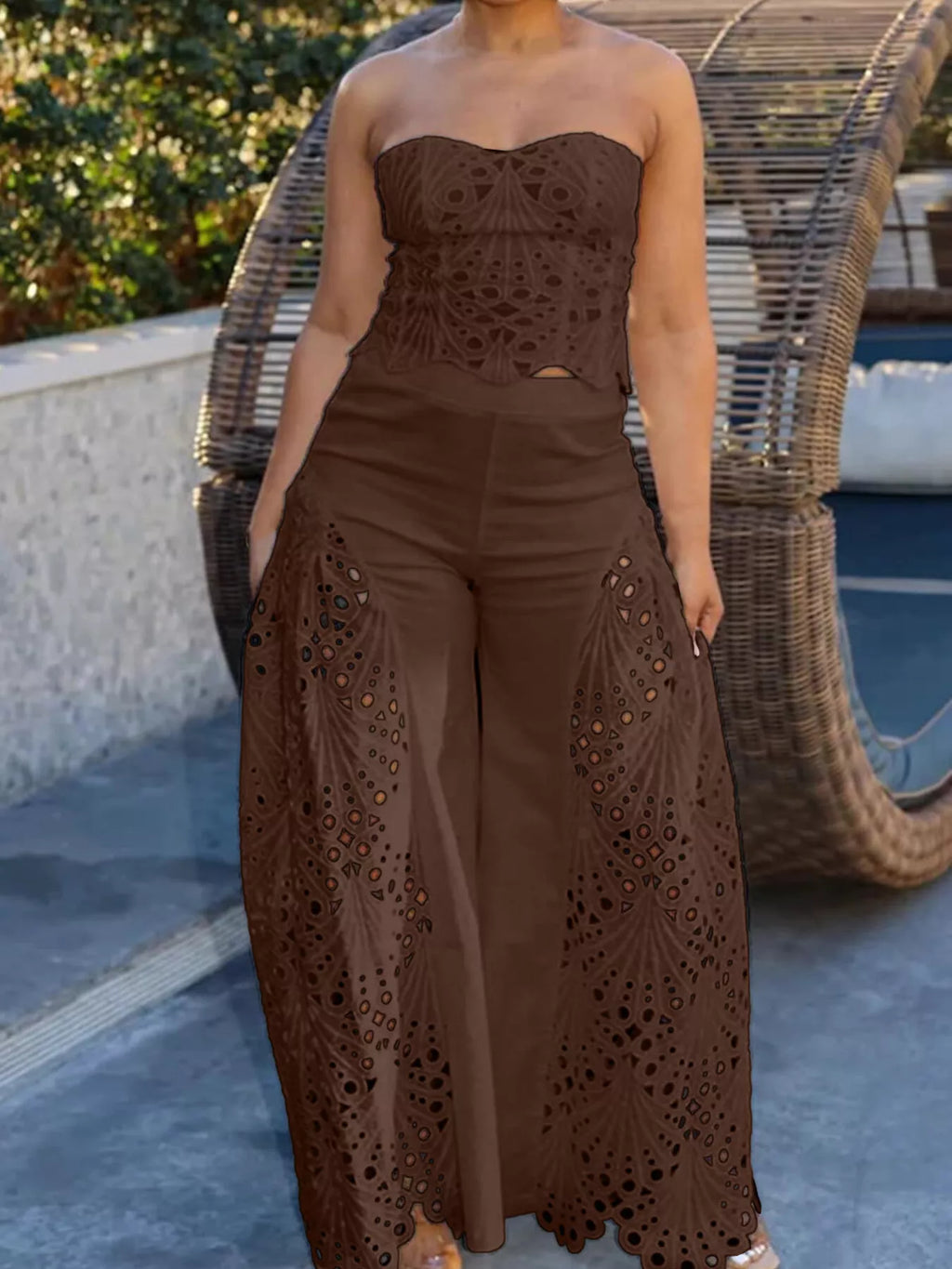 Hollow-Out Tube Top and Pants Two-Piece Set - Girly Tea