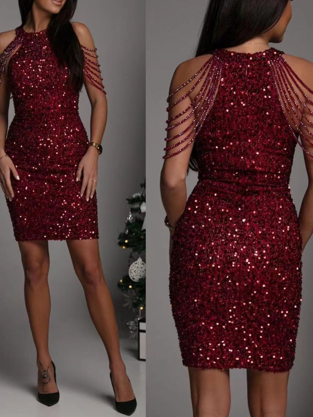 Full Size Sequin Embellished Bodycon Mini Dress Plus Size - Girly Tea