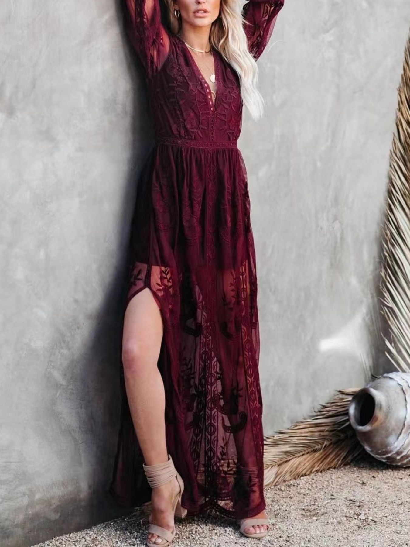 Floral Lace Slit Maxi Dress - Girly Tea