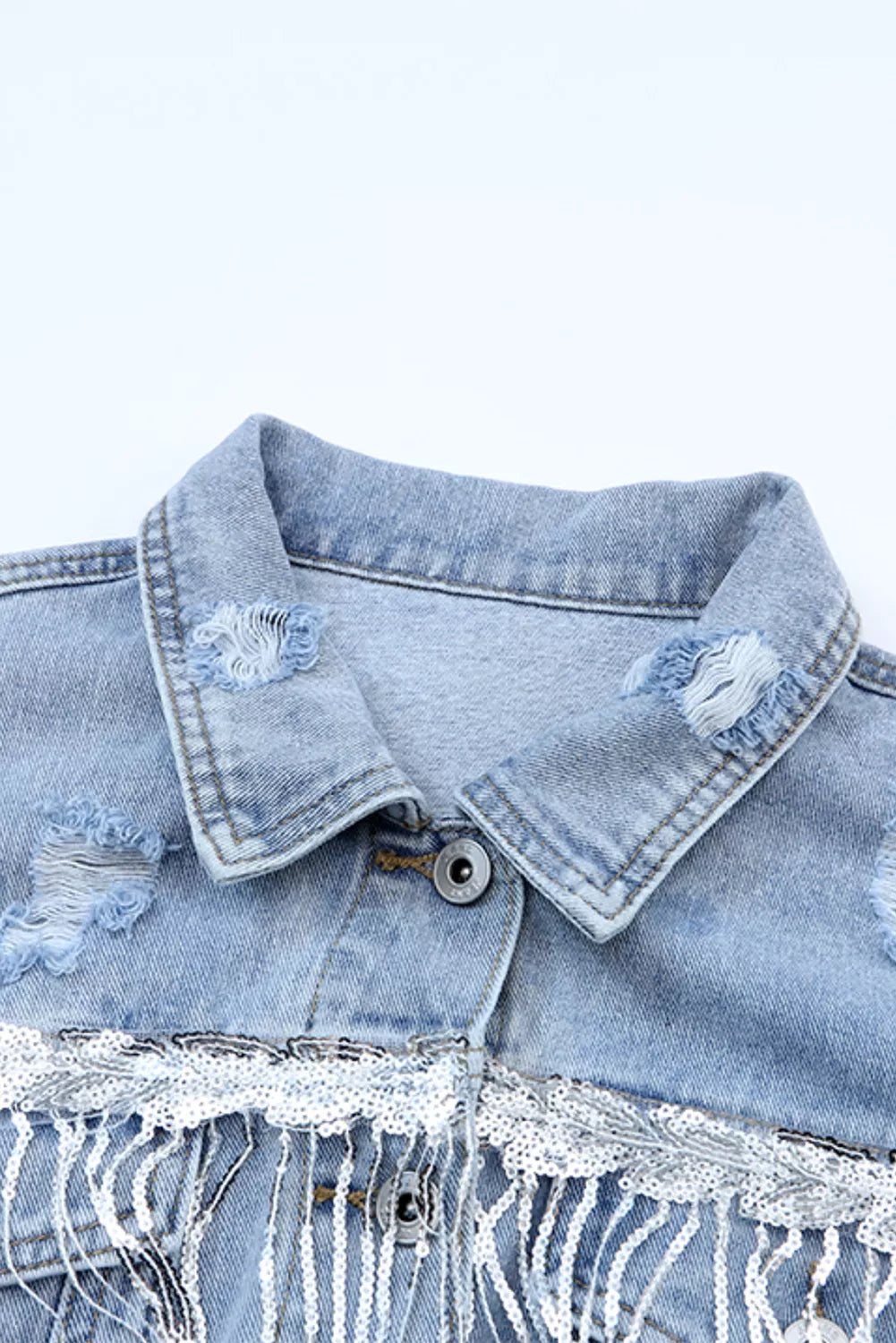 Fringed Sequin Embellished Denim Jacket - Girly Tea