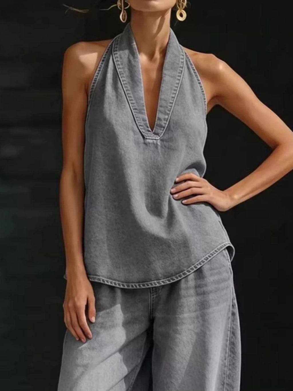 Full Size Halter Neck Top and Wide Leg Pants Plus Size - Girly Tea