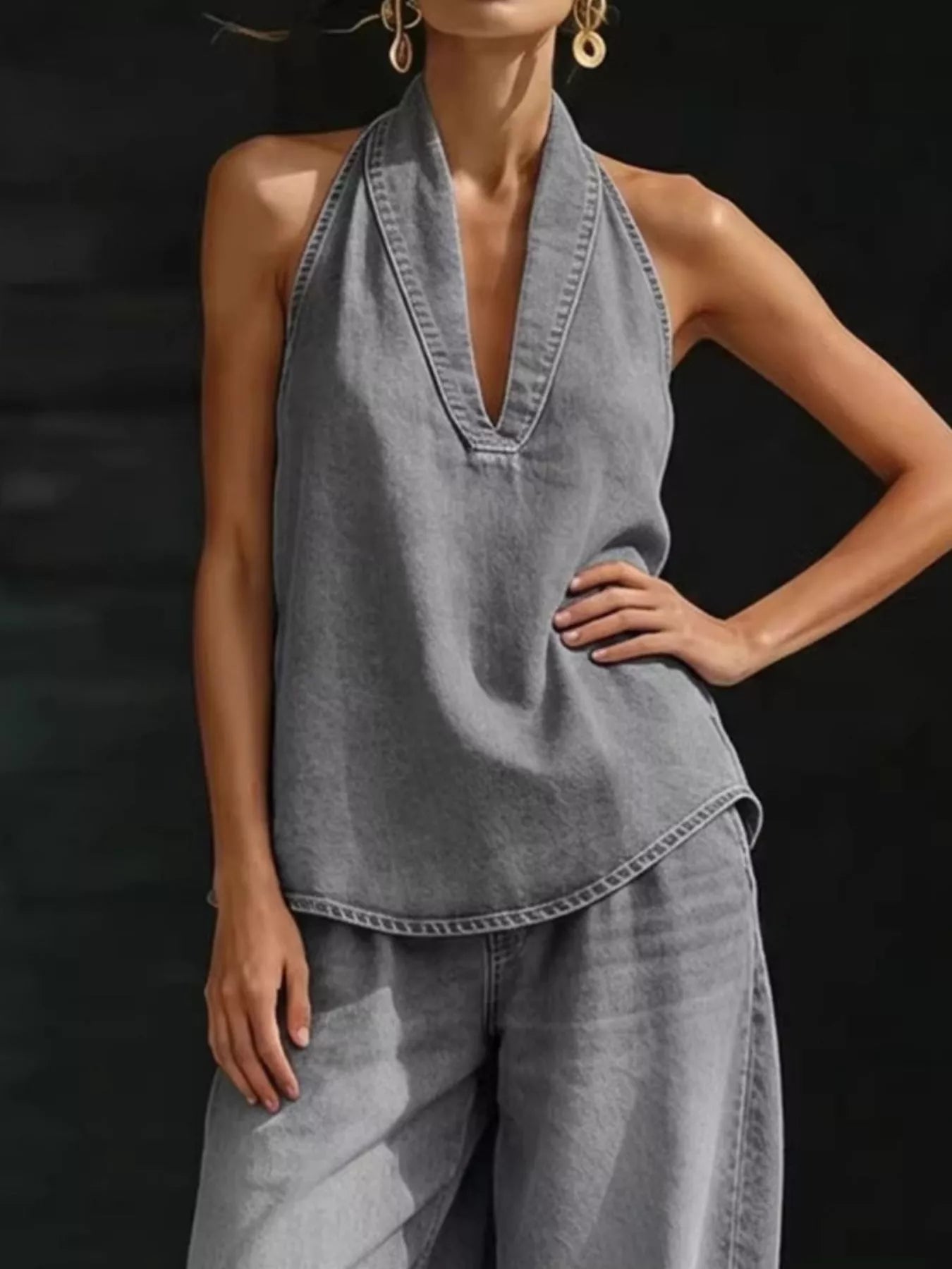 Full Size Halter Neck Top and Wide Leg Pants Plus Size - Girly Tea