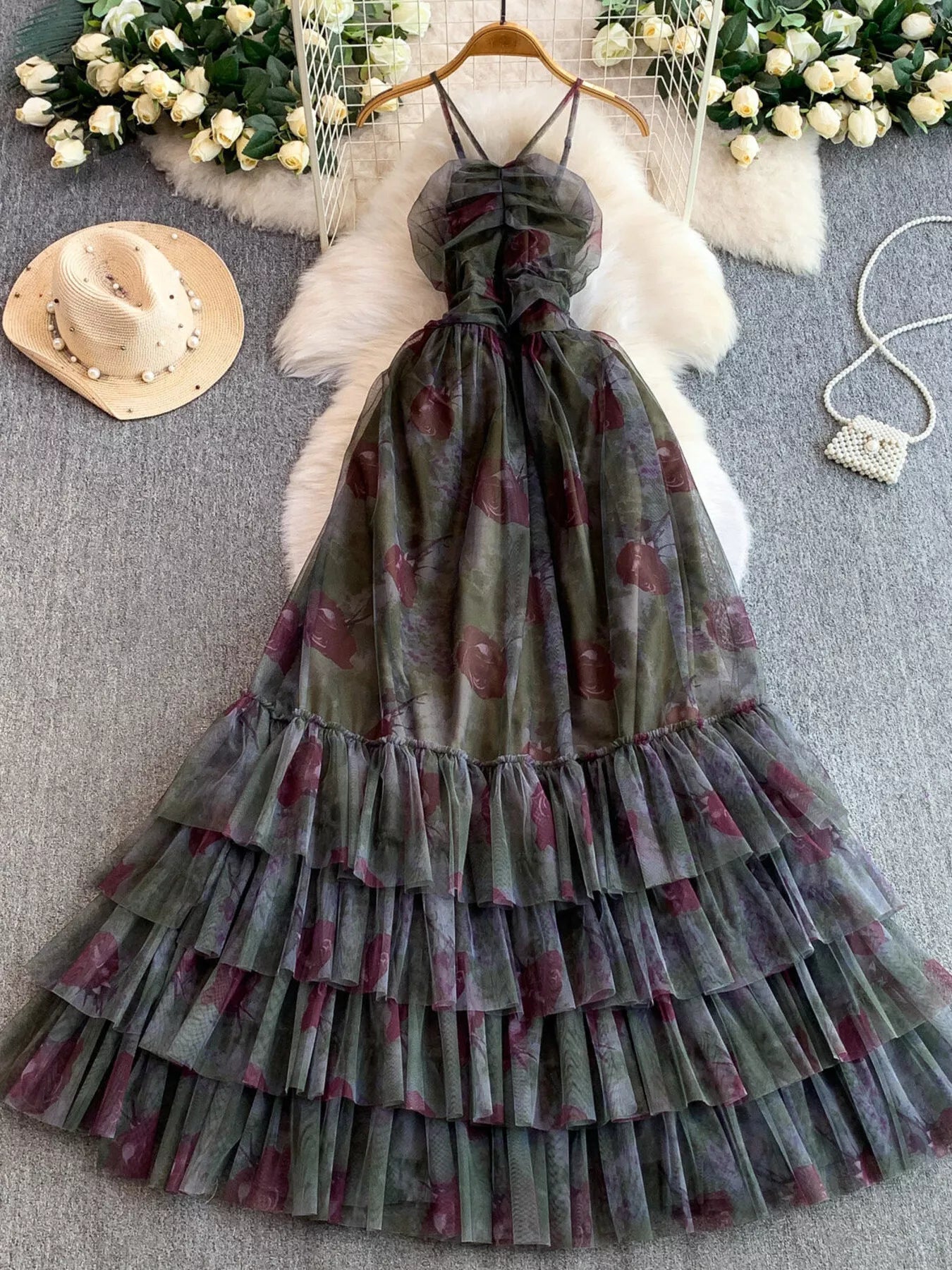 Floral Print Ruffled Layered Mesh Dress - Girly Tea