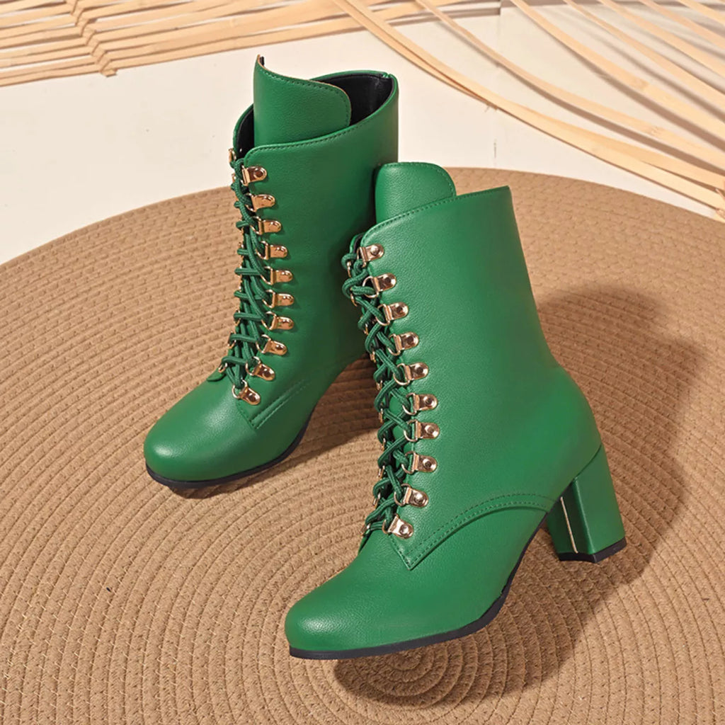 Lace-Up Boots with Block Heel - Girly Tea