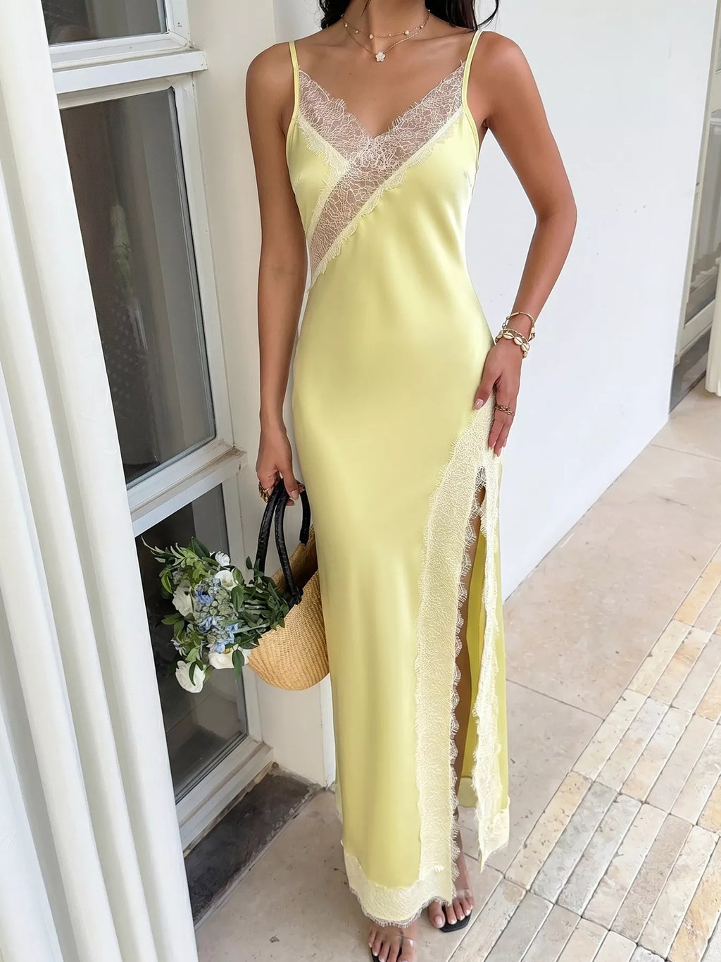 Lace Trimmed Slit Midi Dress - Girly Tea
