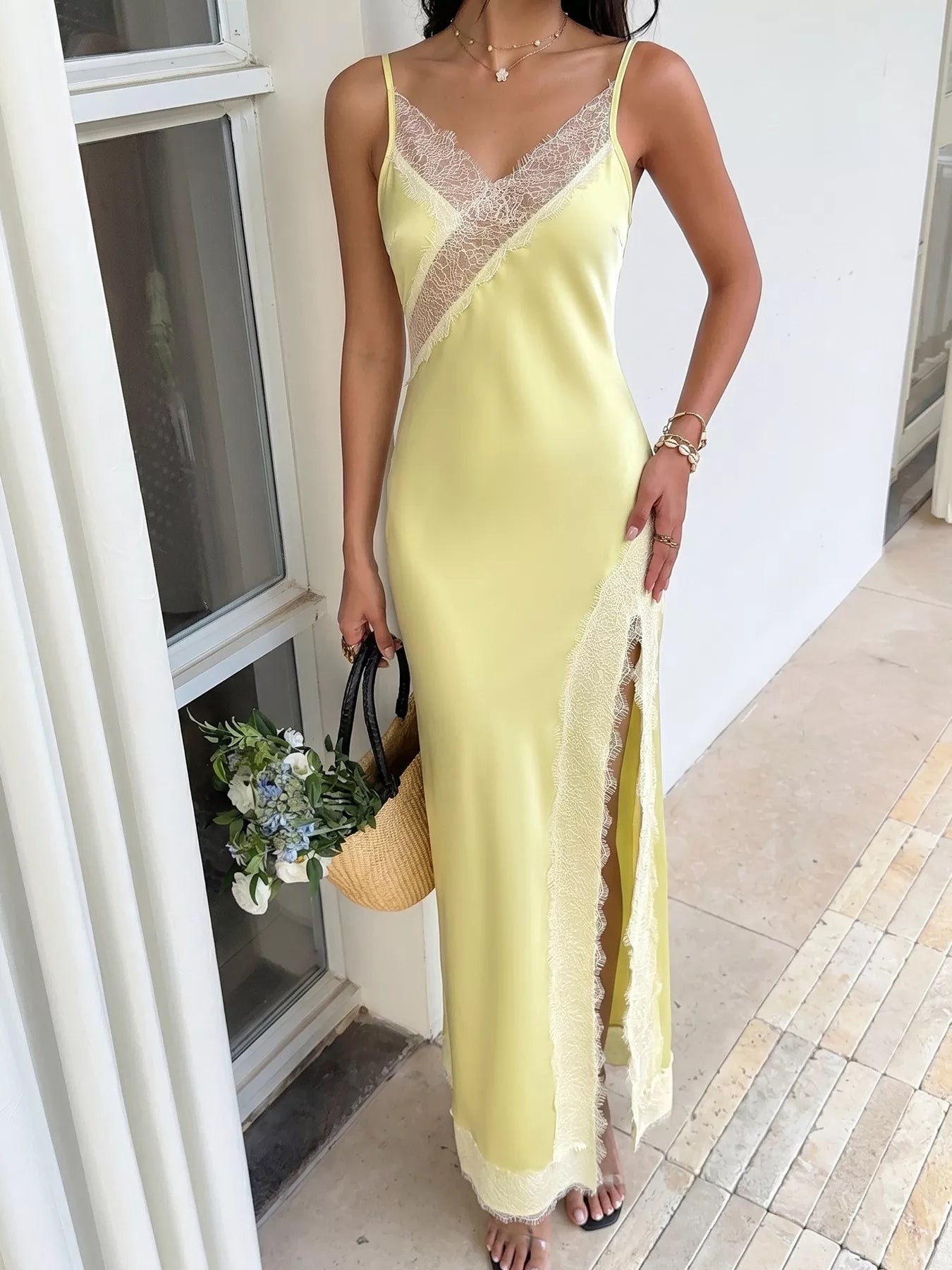 Lace Trimmed Slit Midi Dress - Girly Tea