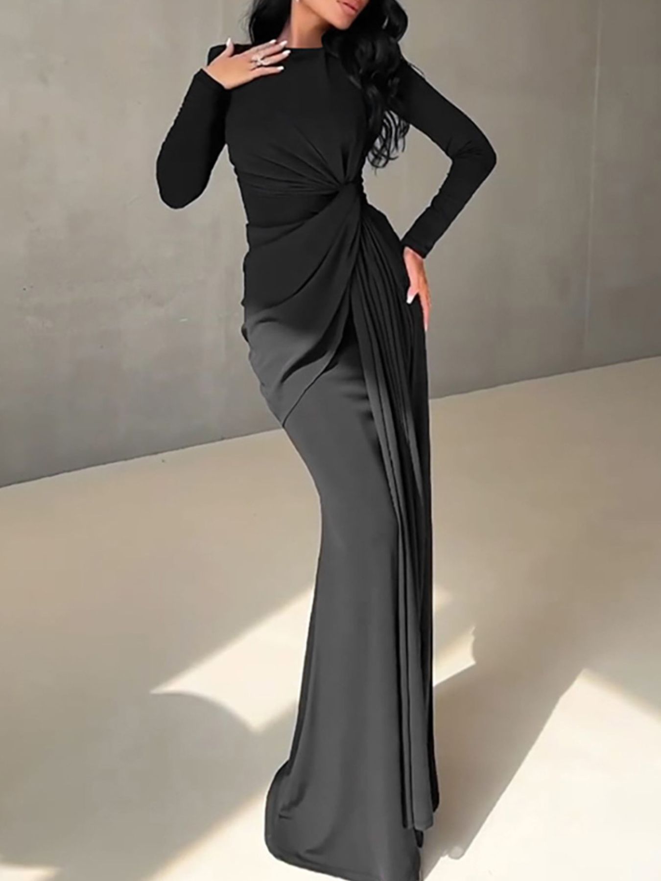 Ruched Knot Front Long Sleeve Maxi Dress - Girly Tea