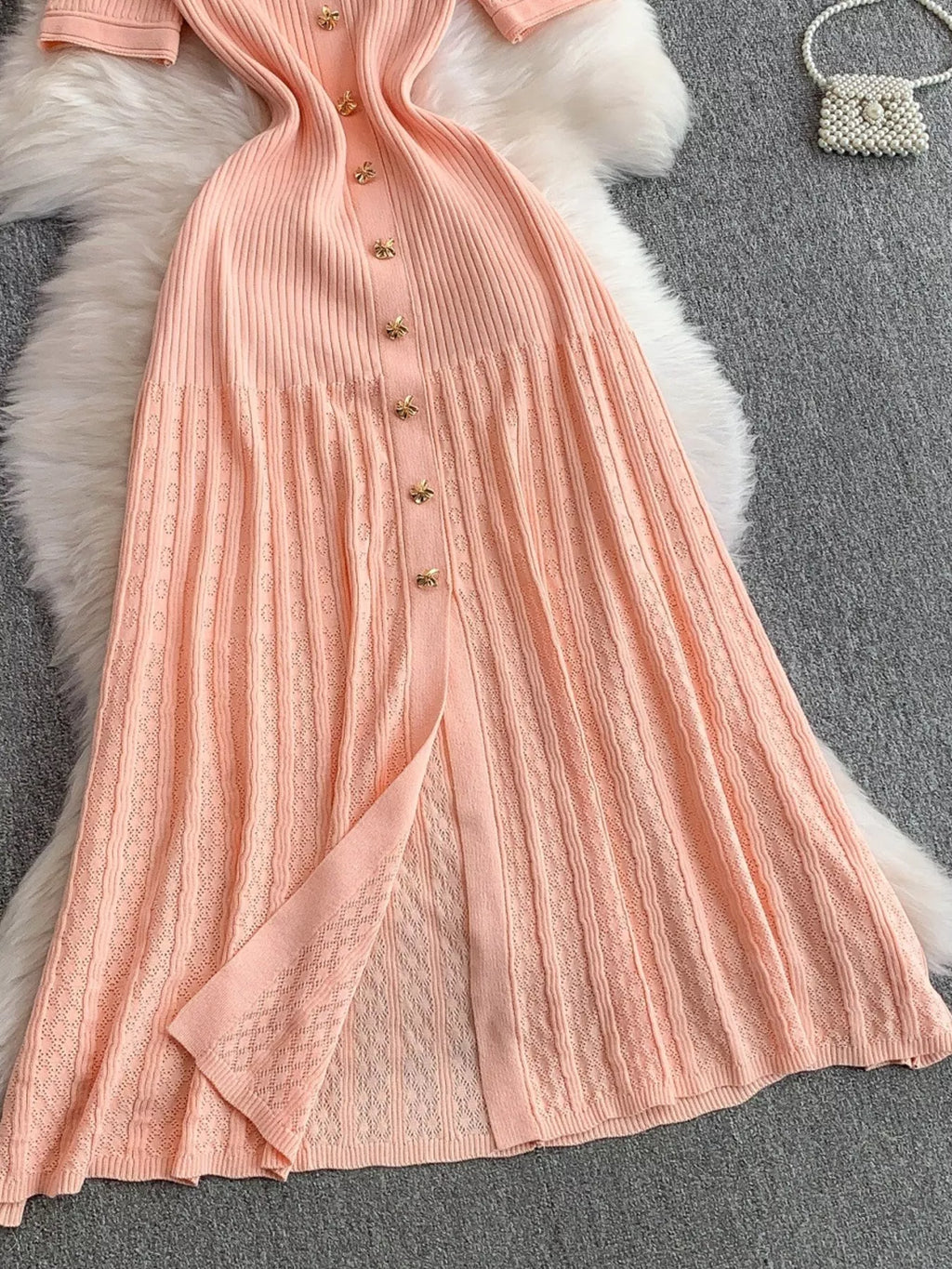 Button Front Ribbed Knit Midi Dress - Girly Tea