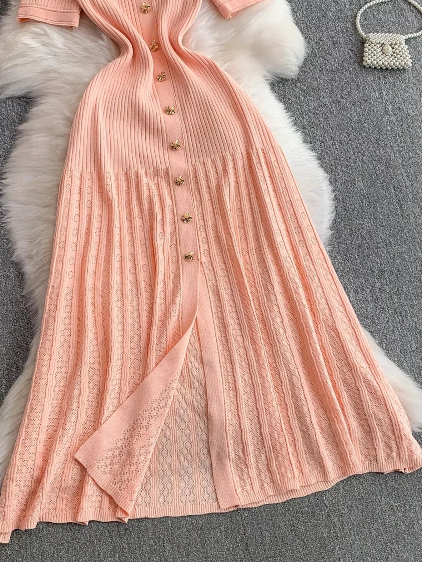 Button Front Ribbed Knit Midi Dress - Girly Tea