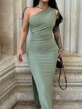 One-Shoulder Ruched Bodycon Slit Dress - Girly Tea