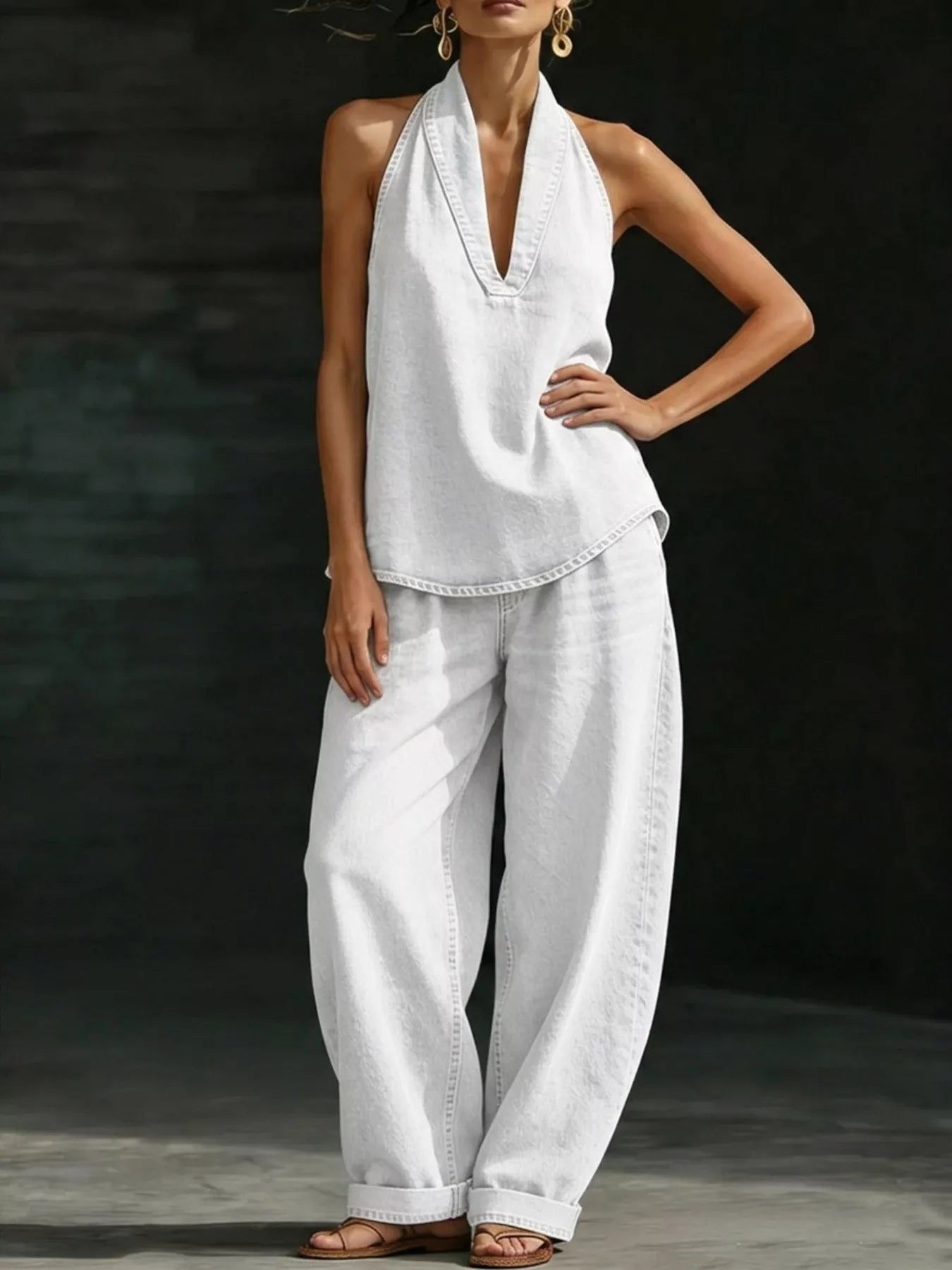 Full Size Halter Neck Top and Wide Leg Pants Plus Size - Girly Tea