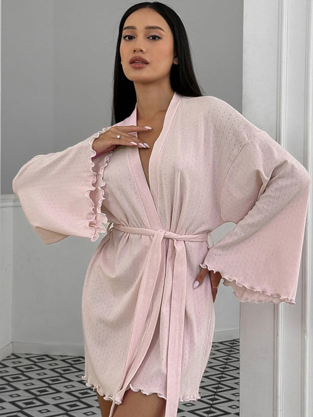 Tie Waist Kimono Sleeve Lounge Nightgown - Girly Tea
