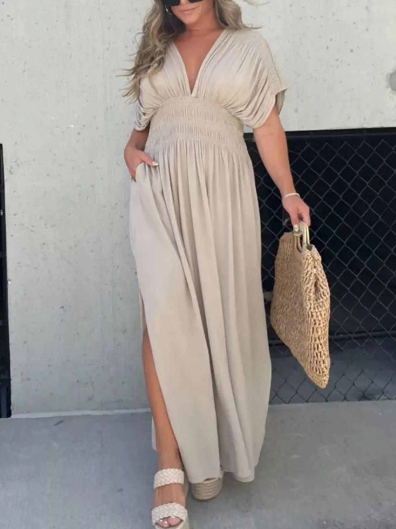 Full Size Slit V-Neck Smocked Waist Maxi Dress Plus Size - Girly Tea