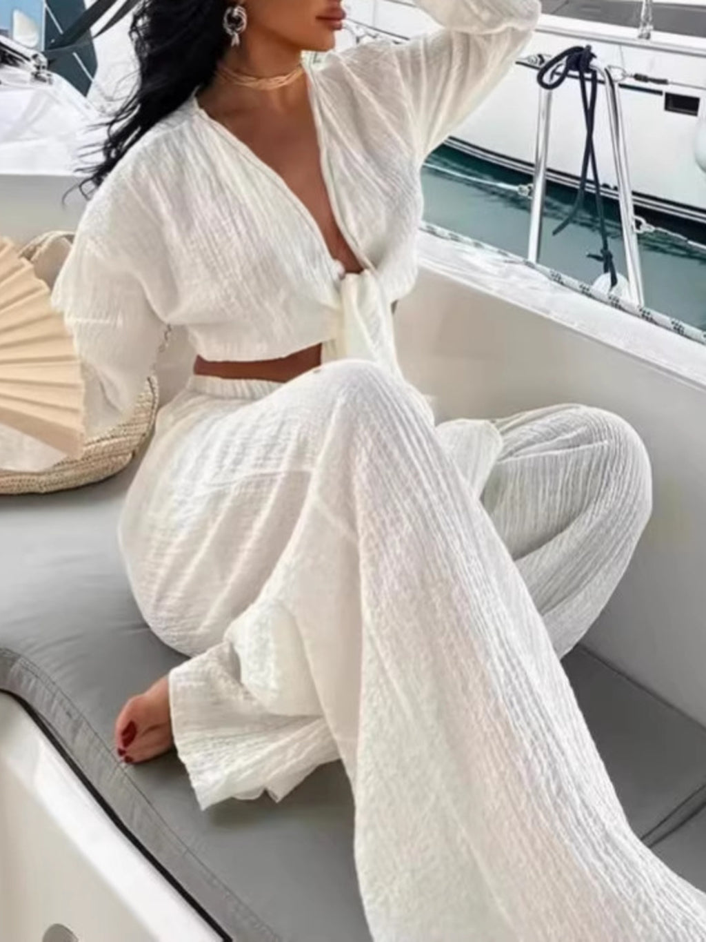 Textured Tie-Front Crop Top and Wide Leg Pants Set - Girly Tea