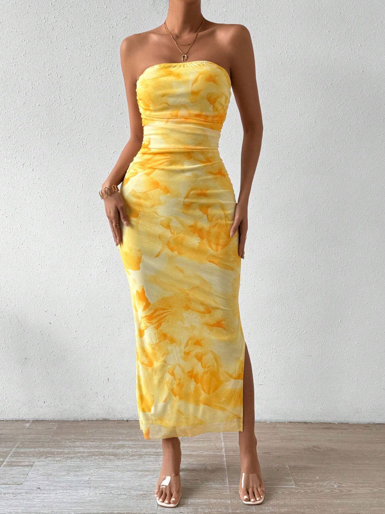 Ruched Strapless Bodycon Midi Dress - Girly Tea