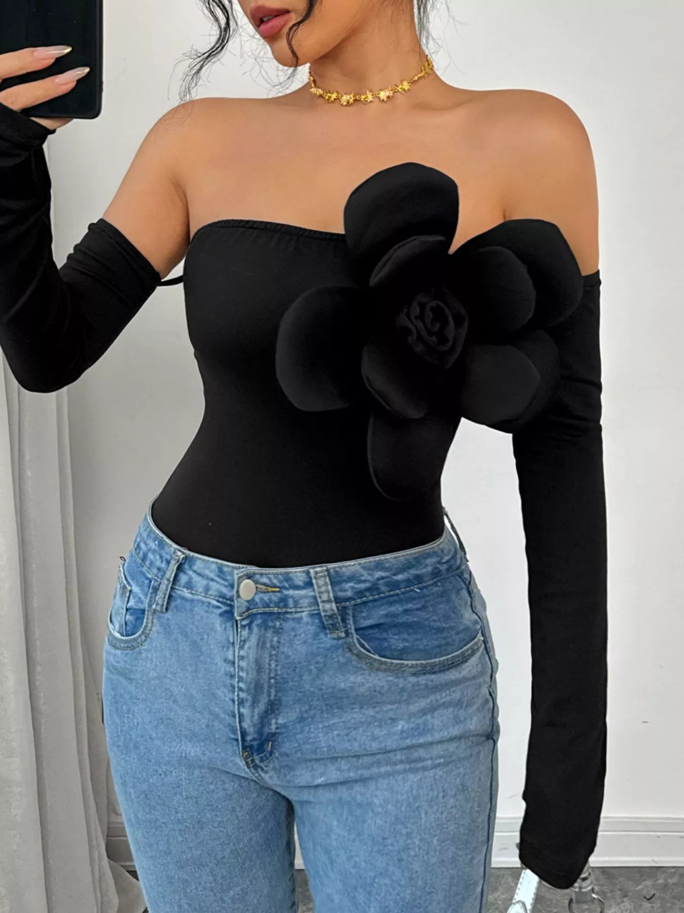 Flower Off-Shoulder Long Sleeve Bodysuit - Girly Tea