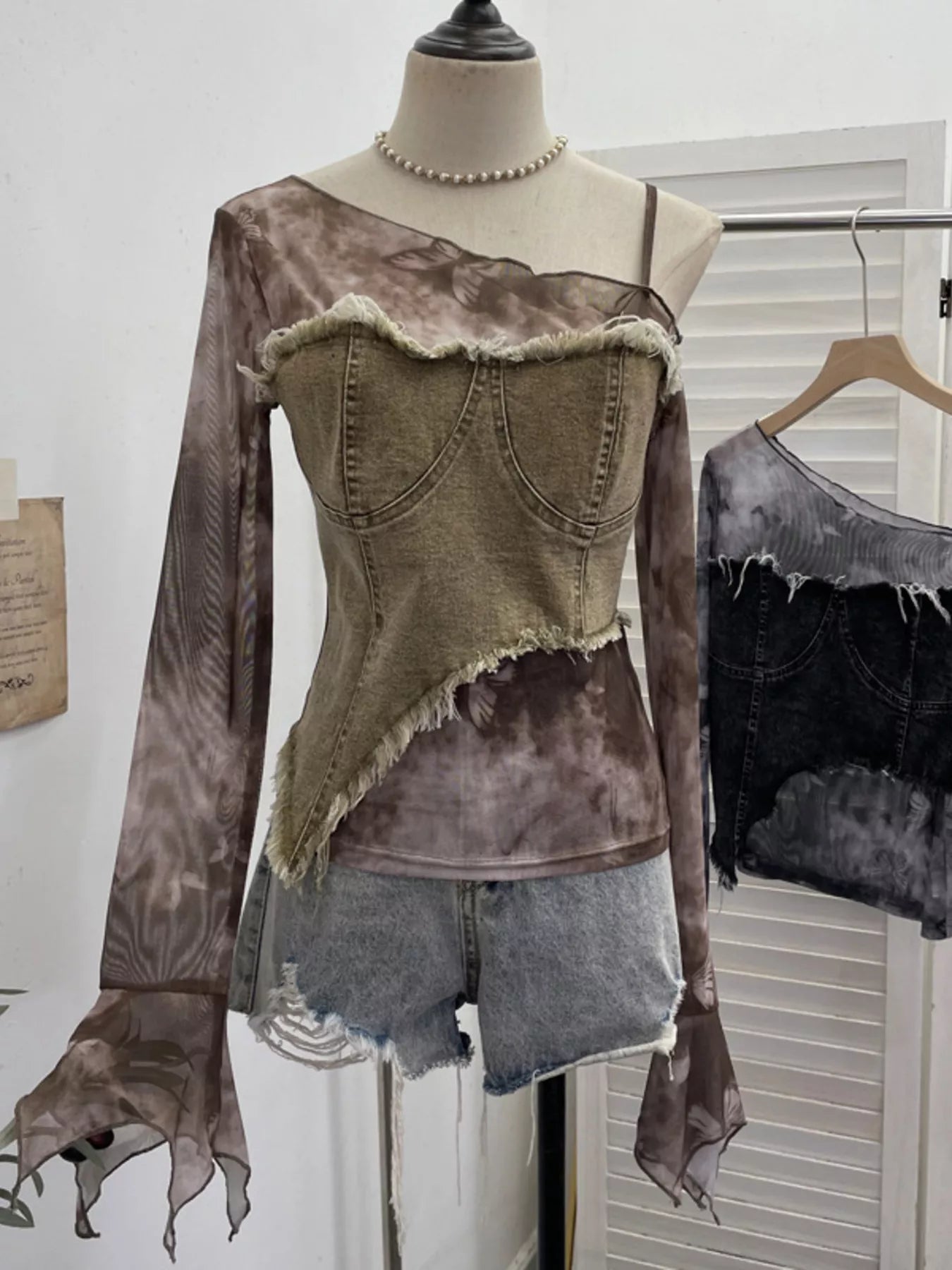 Asymmetrical Neck Denim Patchwork Top - Girly Tea