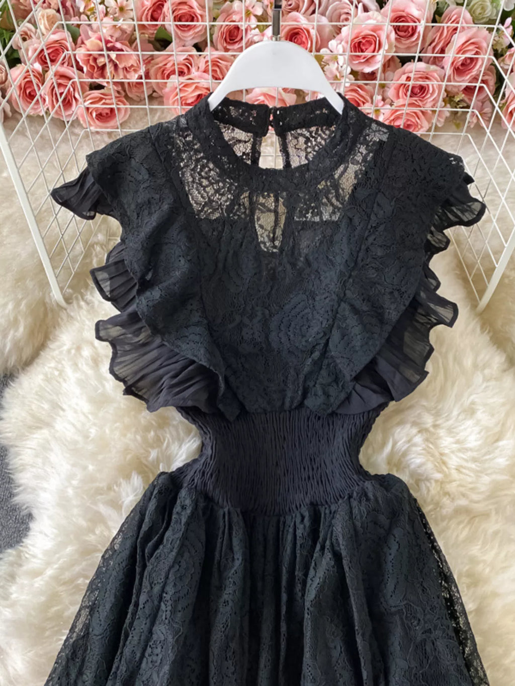 Ruffled Mock Neck Lace Maxi Dress - Girly Tea