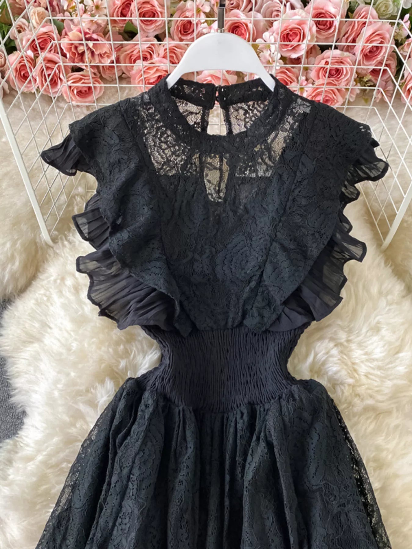 Ruffled Mock Neck Lace Maxi Dress - Girly Tea