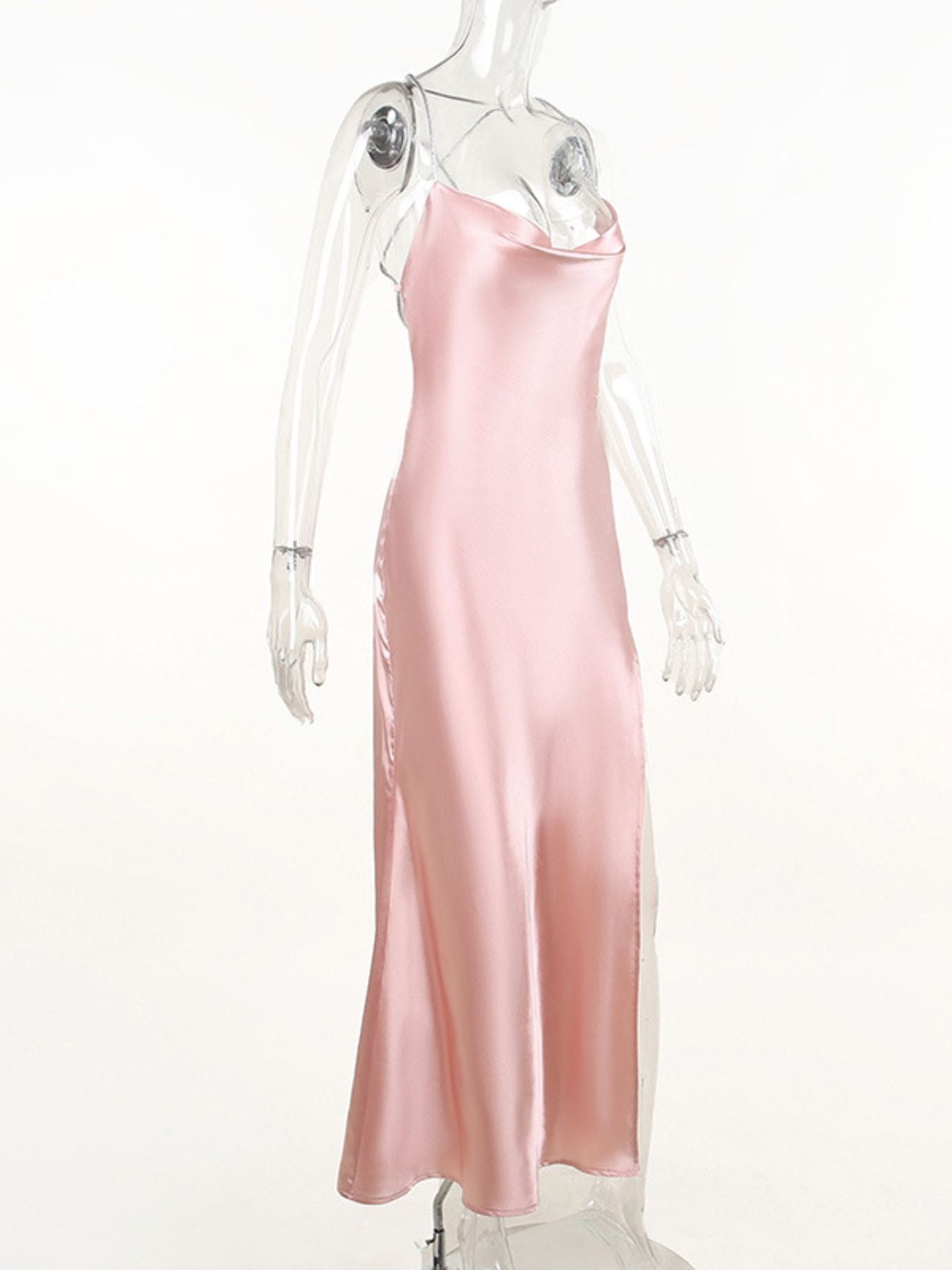 Slinky Satin Cowl Neck High Slit Dress with Back Lace Up - Girly Tea