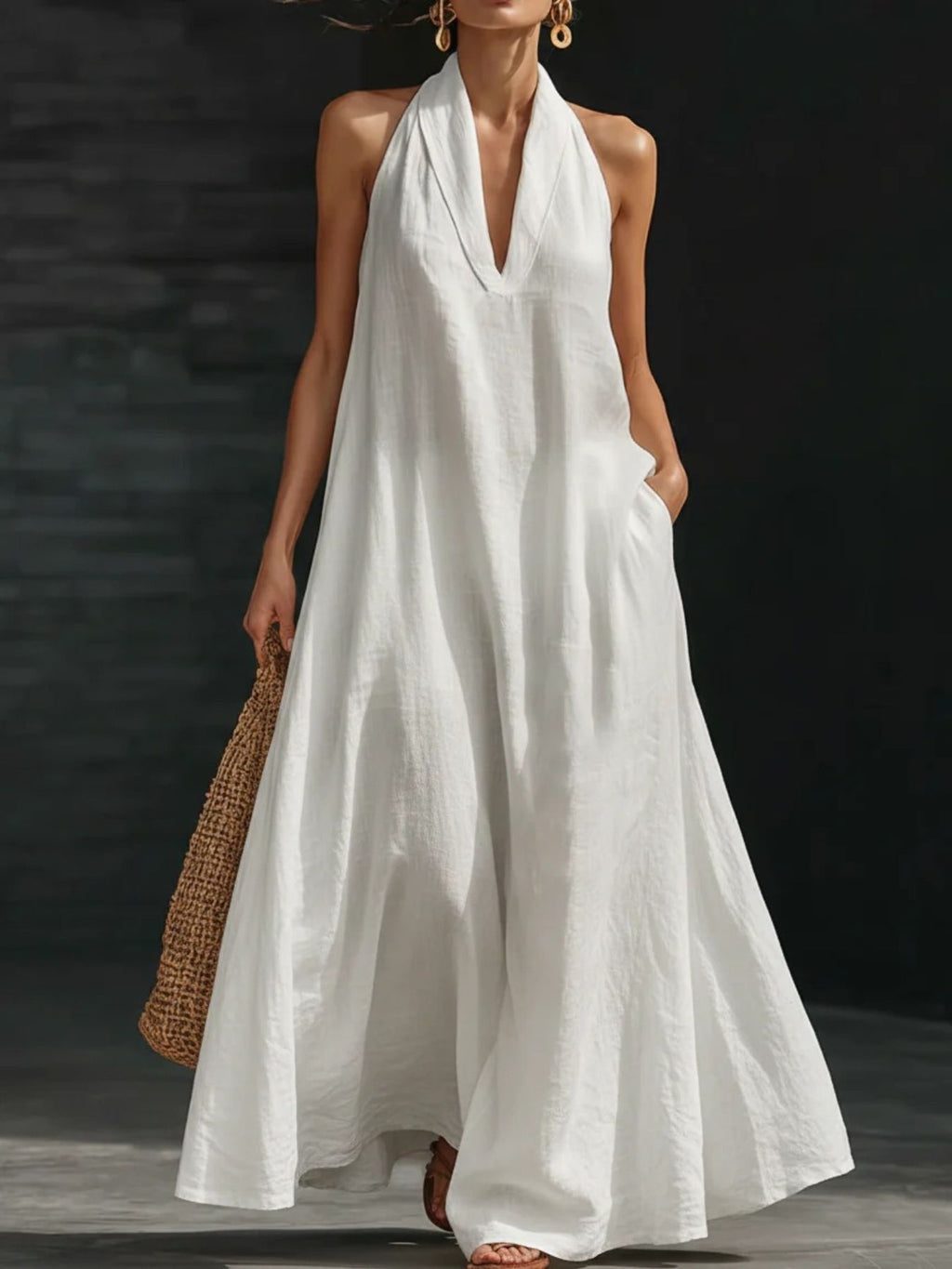 Halter Neck Maxi Dress with Pockets - Girly Tea