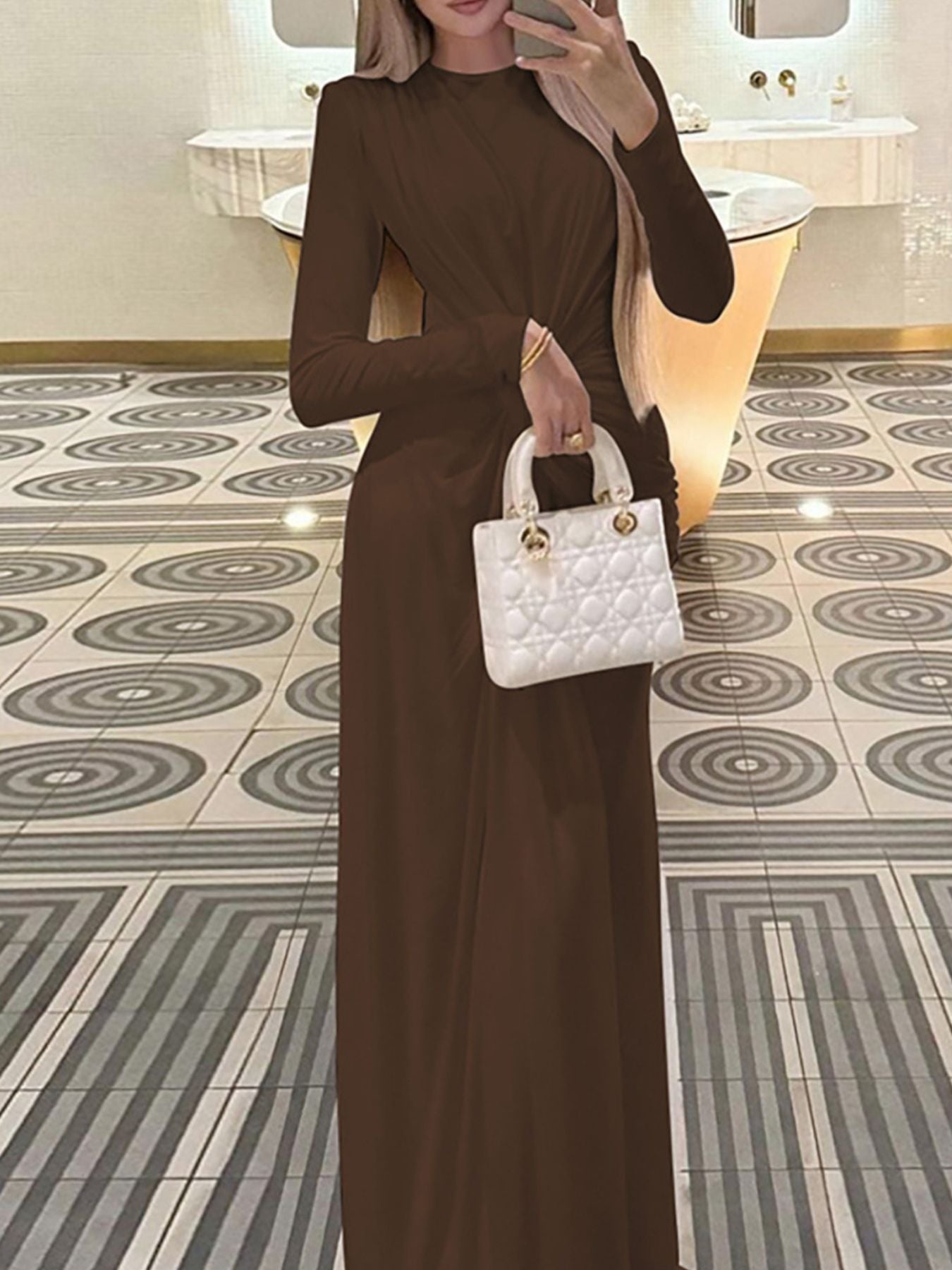 Ruched Knot Front Long Sleeve Maxi Dress - Girly Tea