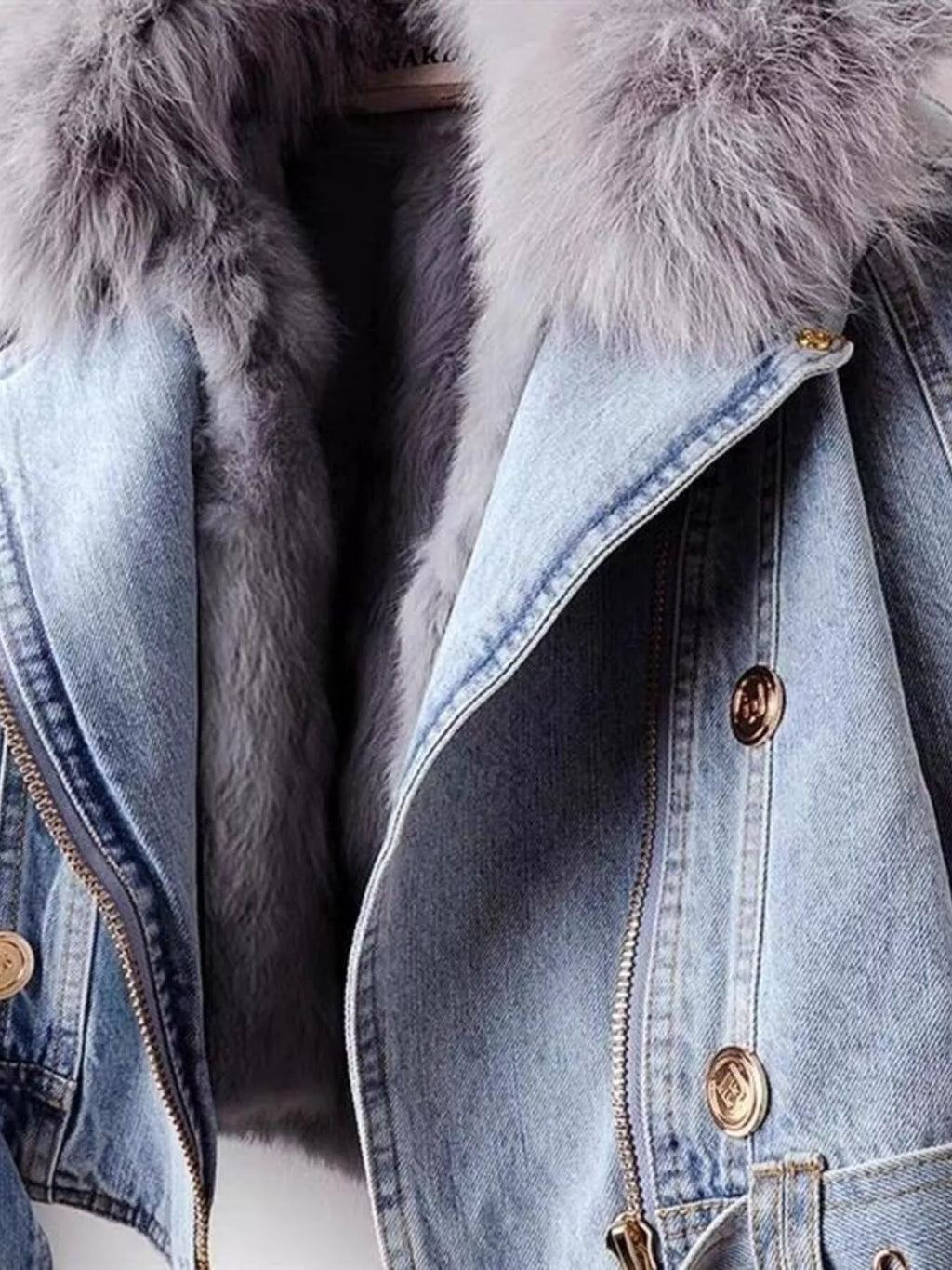 Full Size Faux Fur Collar Denim Jacket Plus Size - Girly Tea