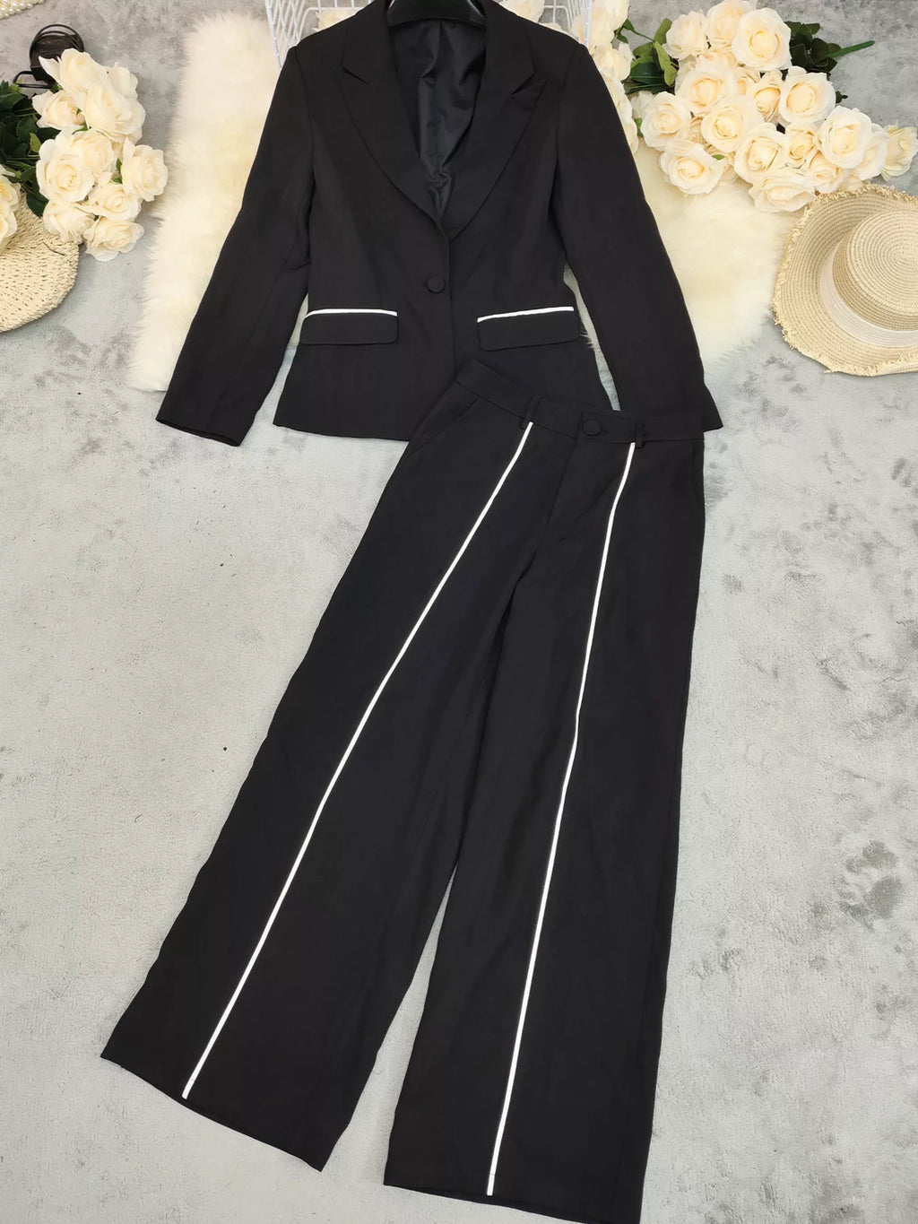 Contrast Trim Blazer & Wide Leg Pants Set - Girly Tea