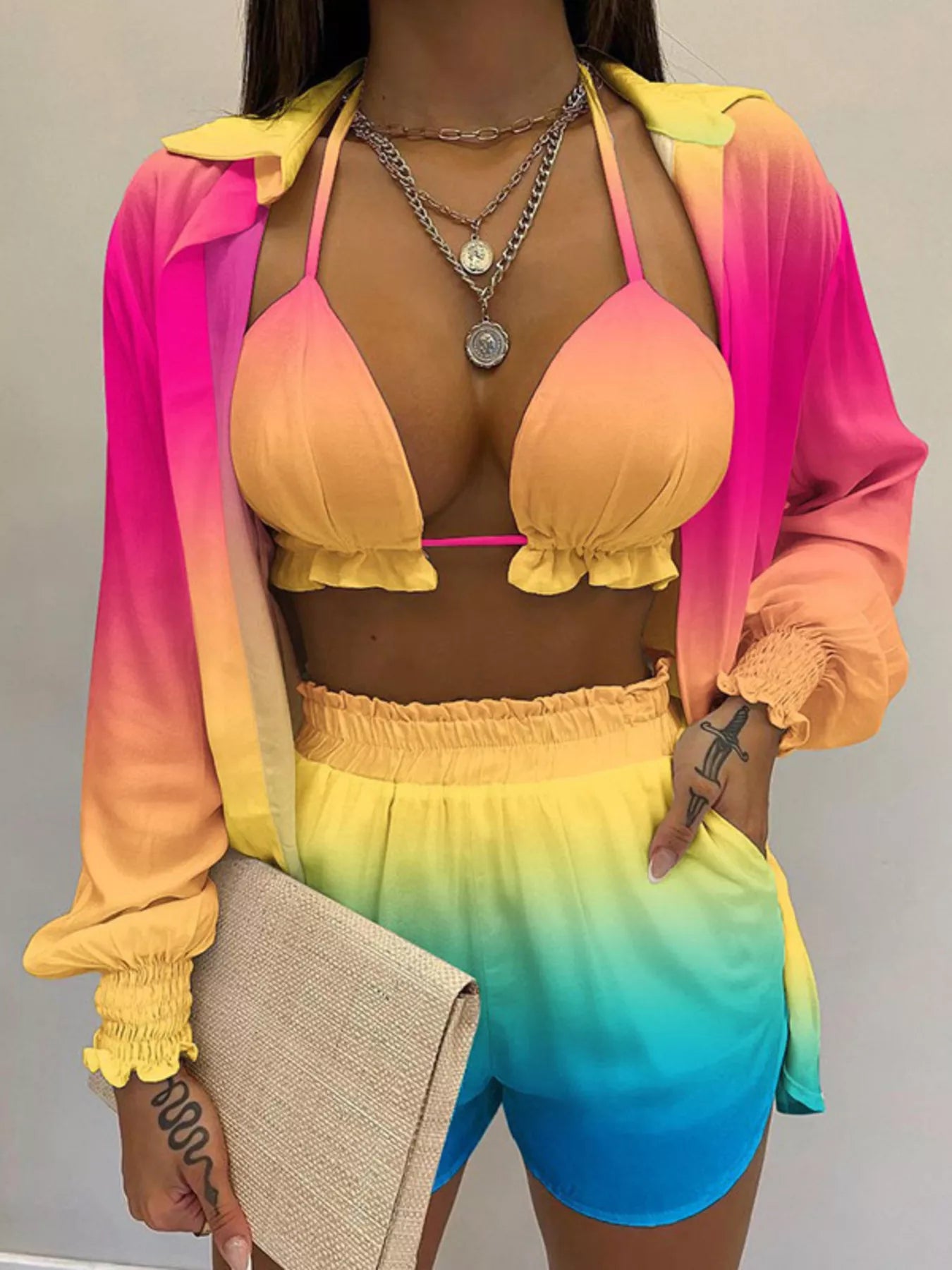 Full Size Halter Neck Cami & Shirt & Shorts 3-Piece Outfit Set Plus Size - Girly Tea