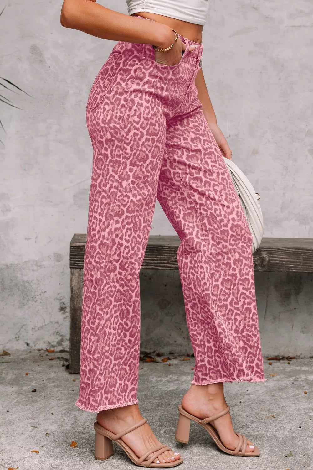 Leopard Frayed Edge Wide Leg High Waist Jeans - Girly Tea