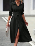 Collared Neck Long Sleeve Midi Shirt Dress - Girly Tea