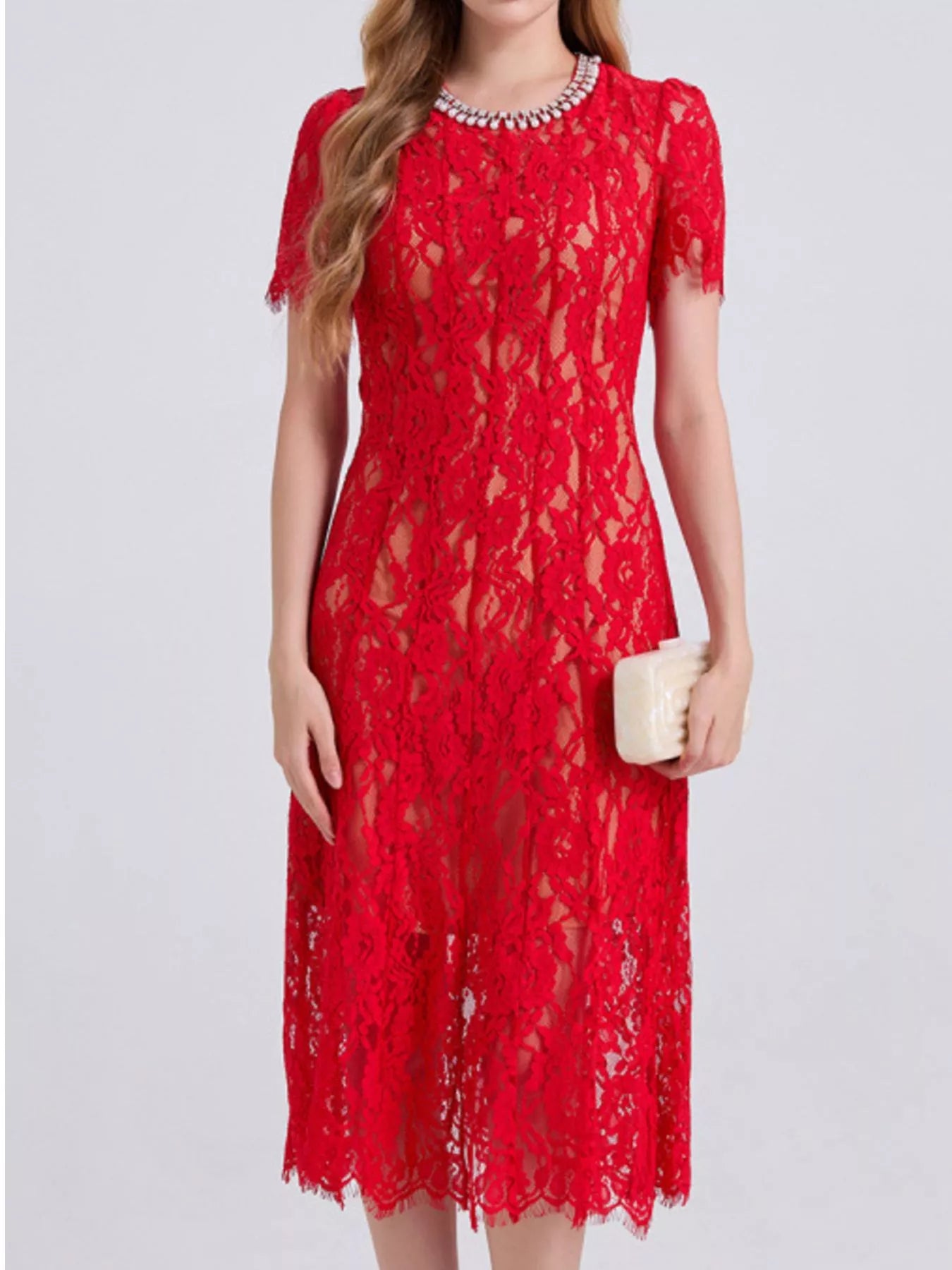 Lace Pearl Neckline Midi Dress - Girly Tea