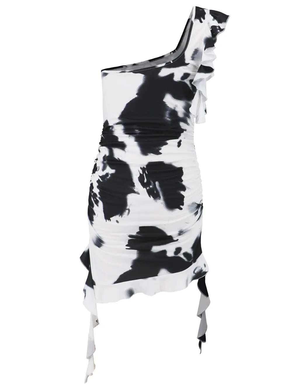 Ruffled Tie-Dye Single Shoulder Mini Dress - Girly Tea