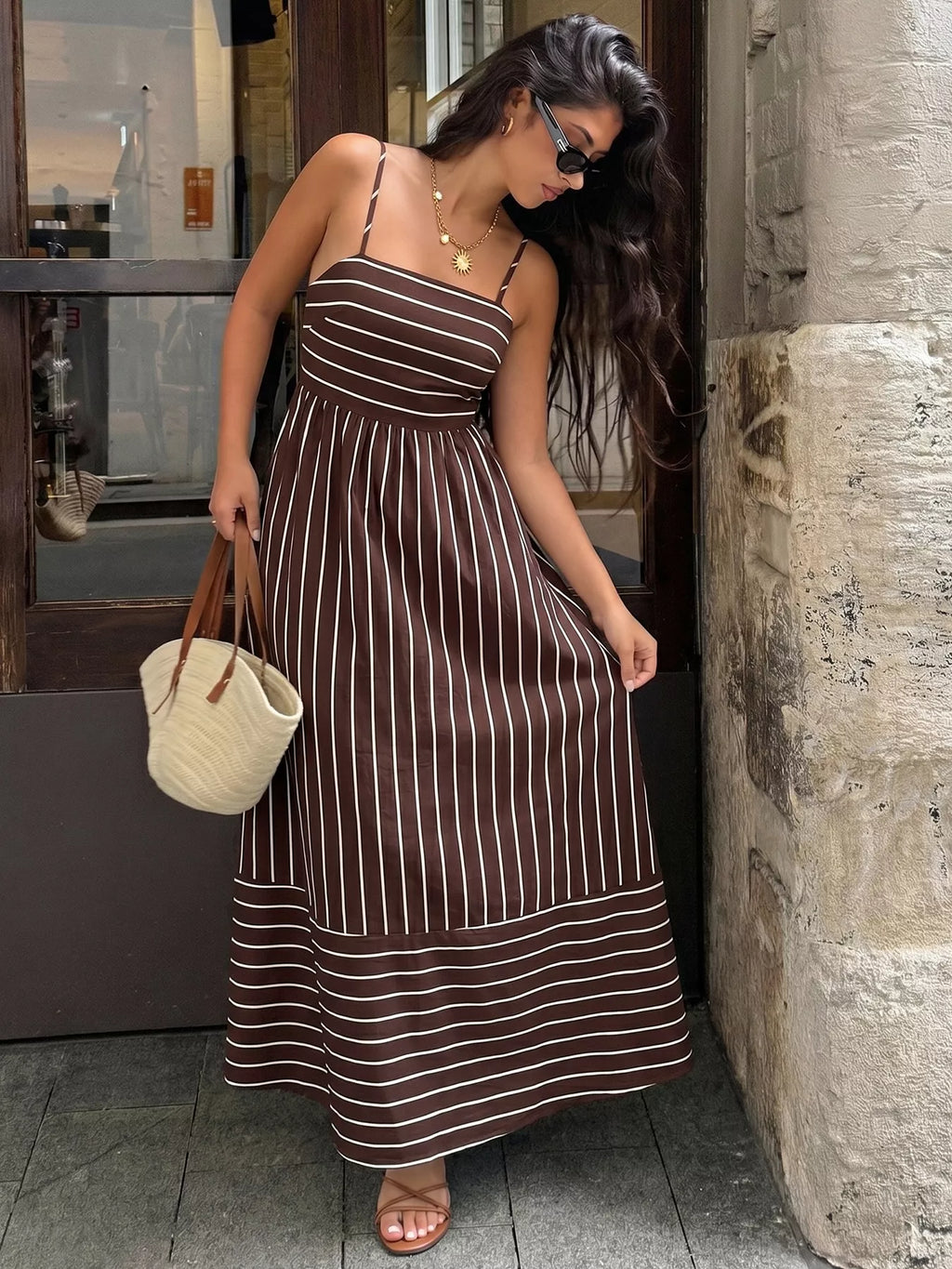 Striped Print Spaghetti Strap Maxi Dress - Girly Tea