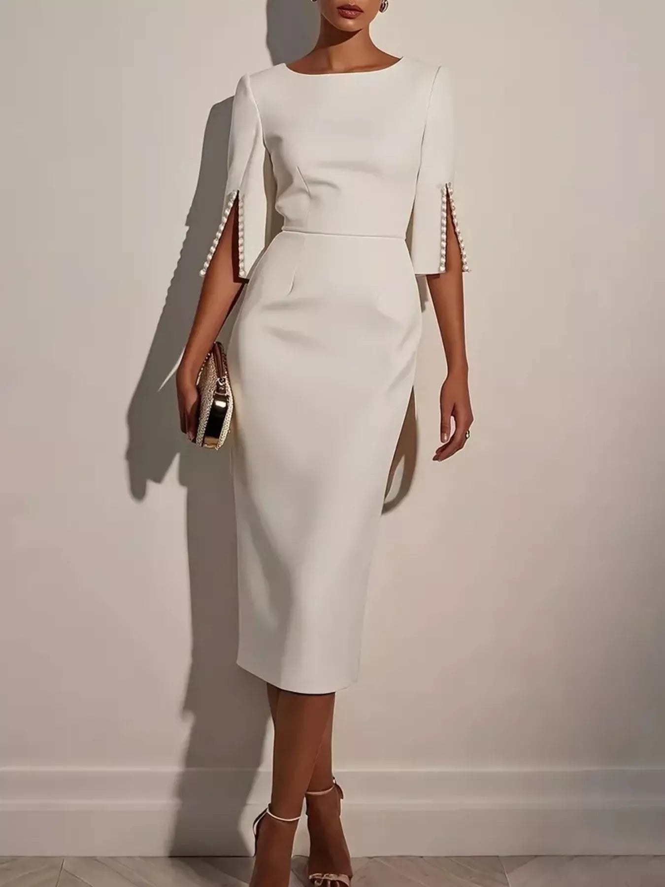 Slim-Fit Elegant Midi Dress with Beaded Slit Sleeve - Girly Tea