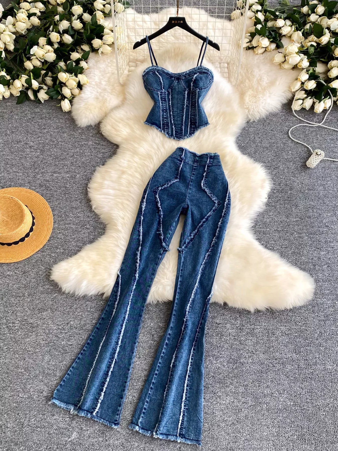 Raw Hem Denim Cami and Flare Jeans Set - Girly Tea
