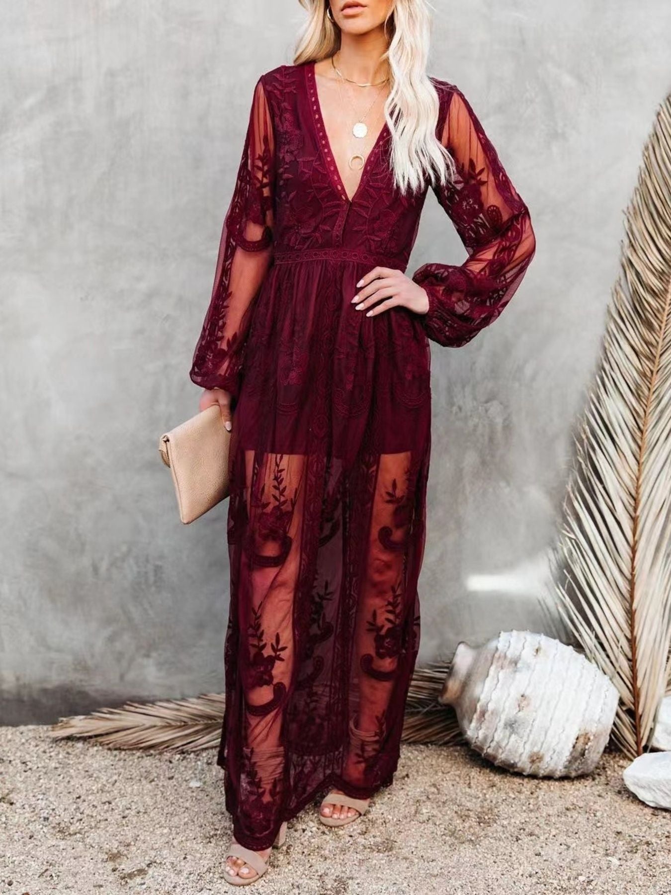 Floral Lace Slit Maxi Dress - Girly Tea
