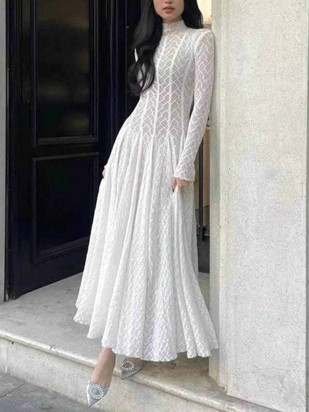Lace Mock Neck Long Sleeve Maxi Dress - Girly Tea
