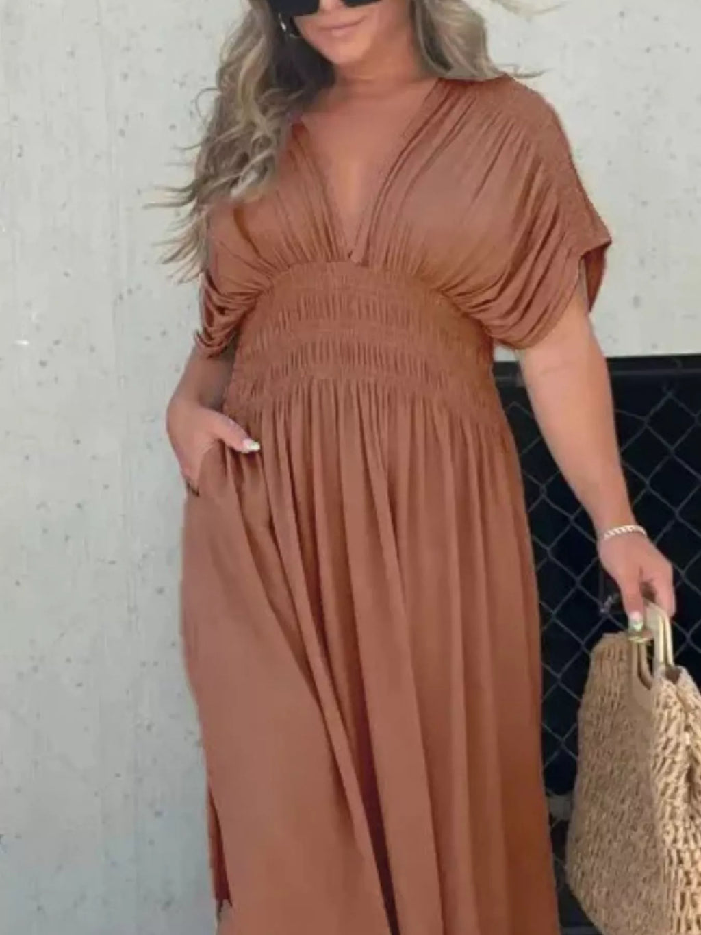 Full Size Slit V-Neck Smocked Waist Maxi Dress Plus Size - Girly Tea