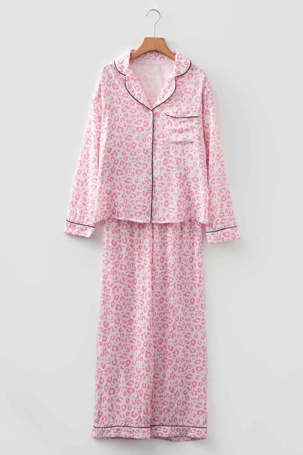 Leopard Print Button Up Top and Pants 2cps Pajama Set