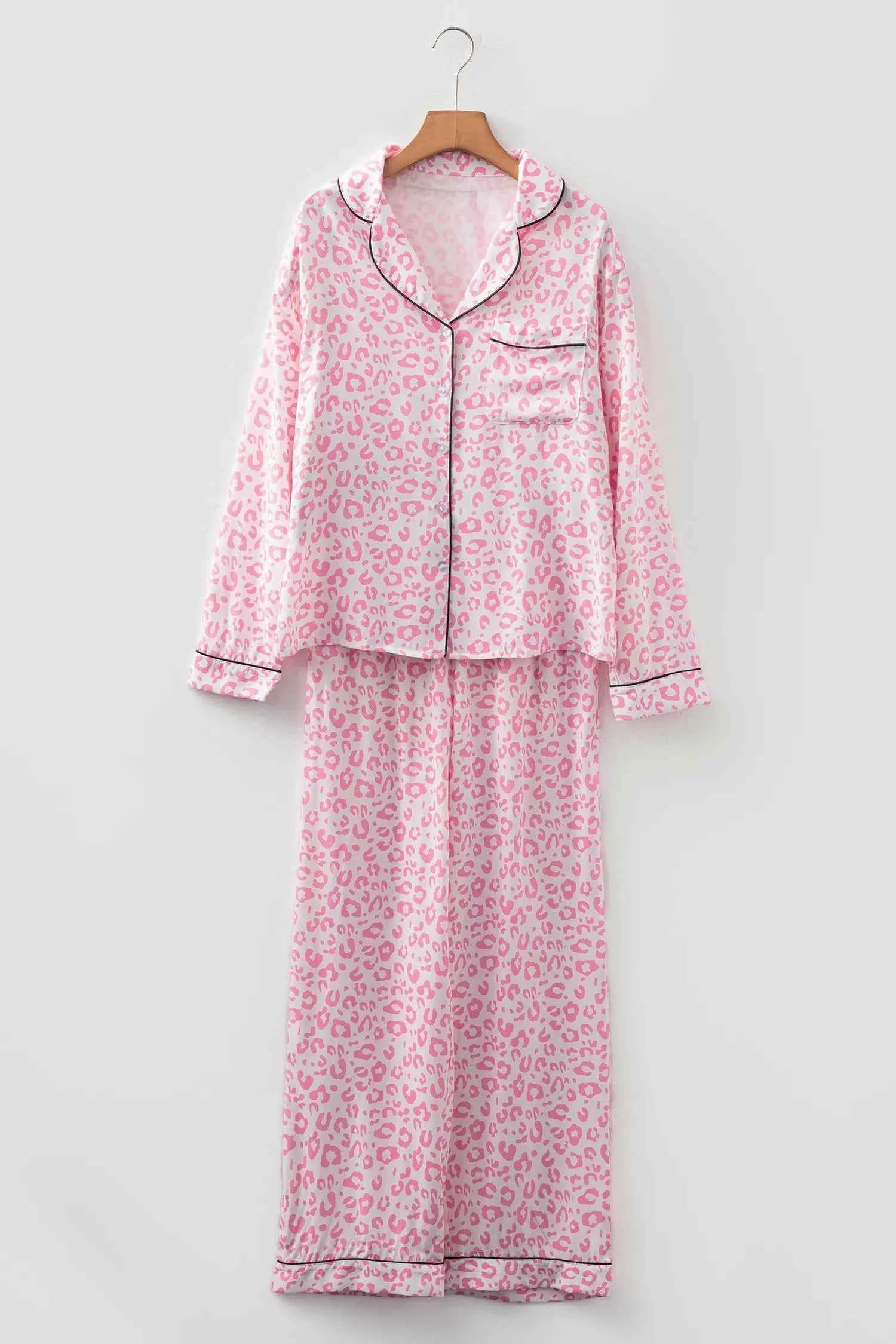 Leopard Print Button Up Top and Pants 2cps Pajama Set