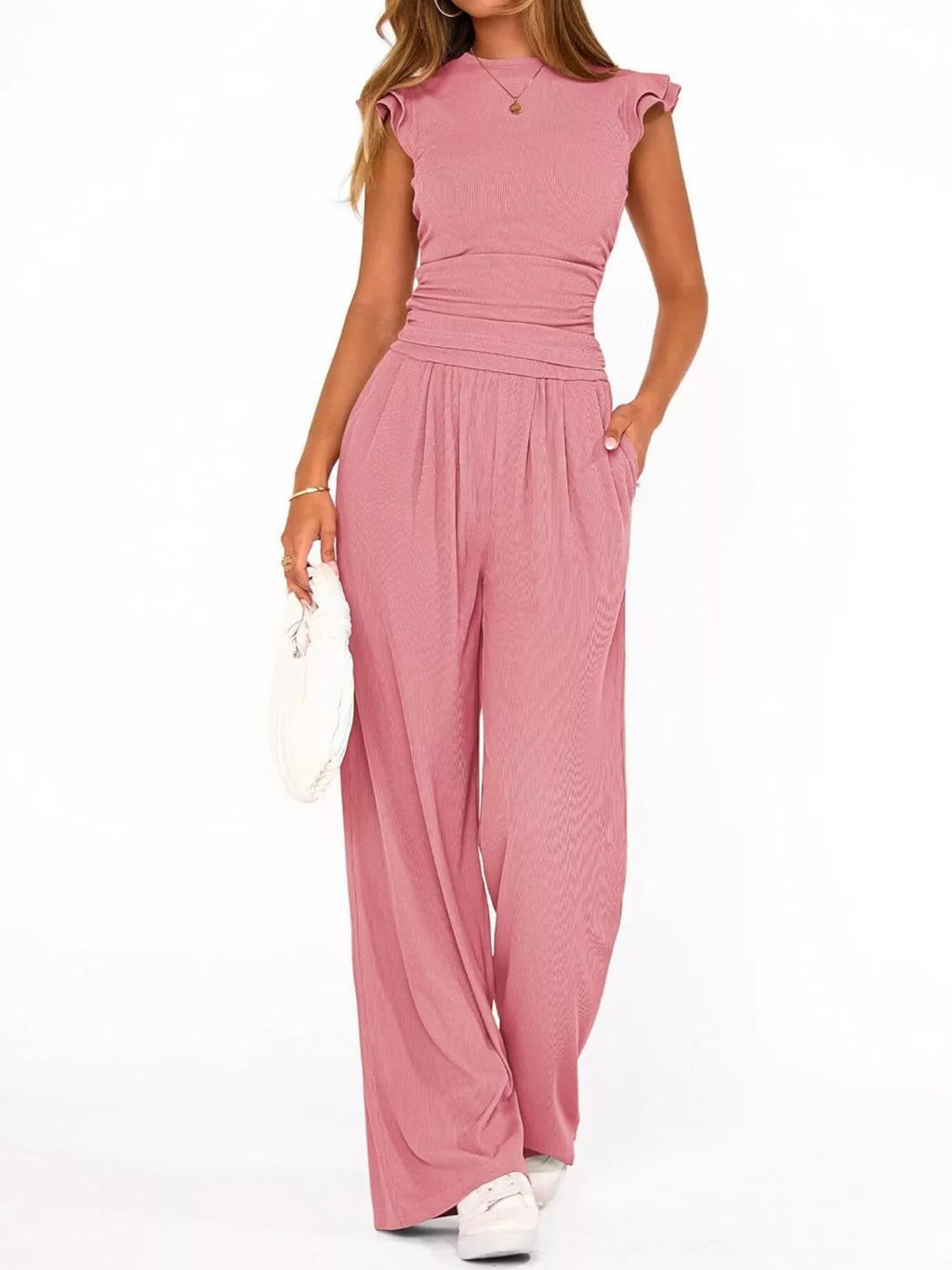 Ruffled Mock Neck Top and Wide Leg Pants Set - Girly Tea