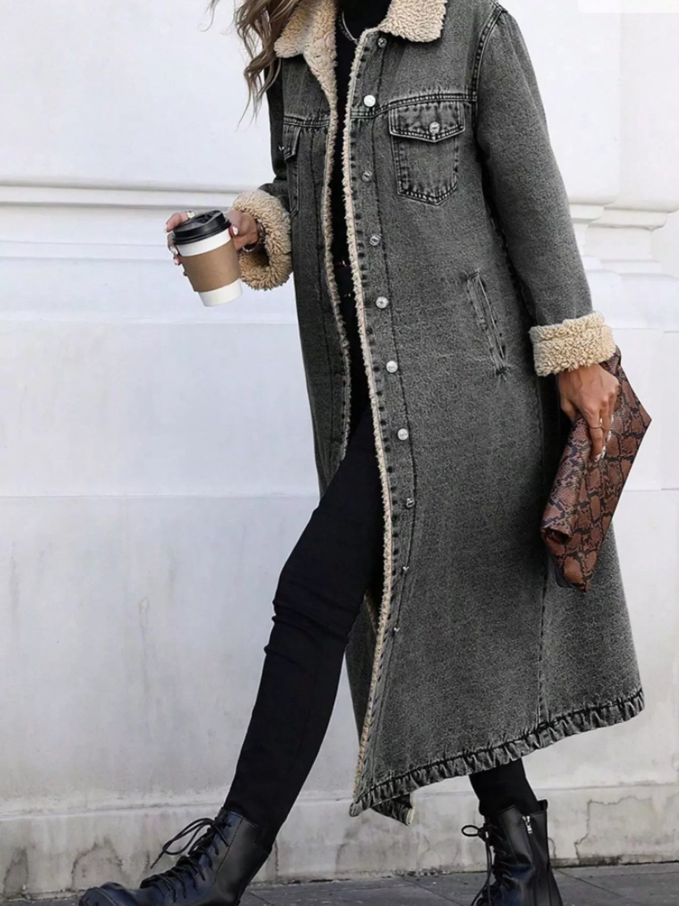 Sherpa Lined Longline Denim Jacket - Girly Tea