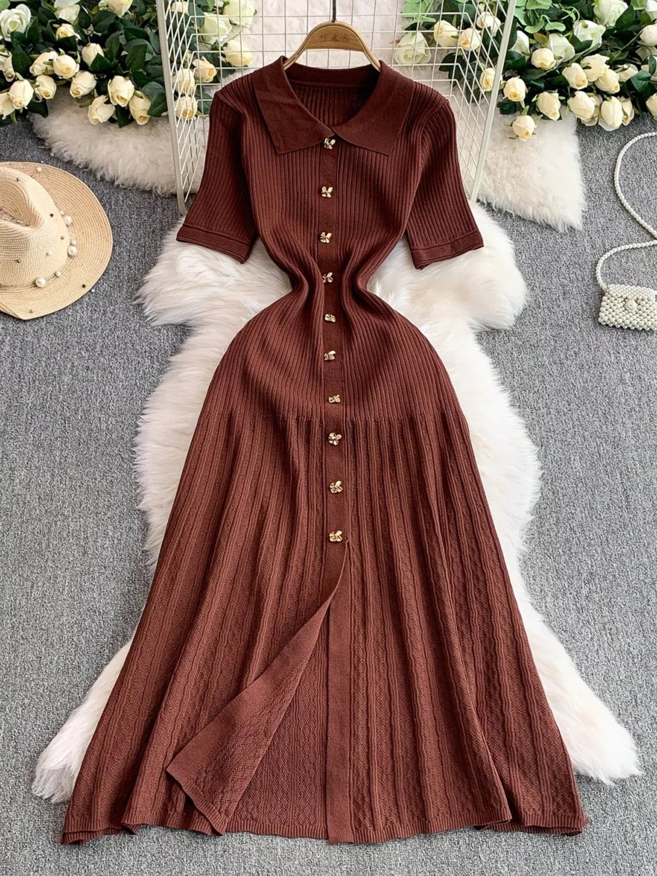 Button Front Ribbed Knit Midi Dress - Girly Tea